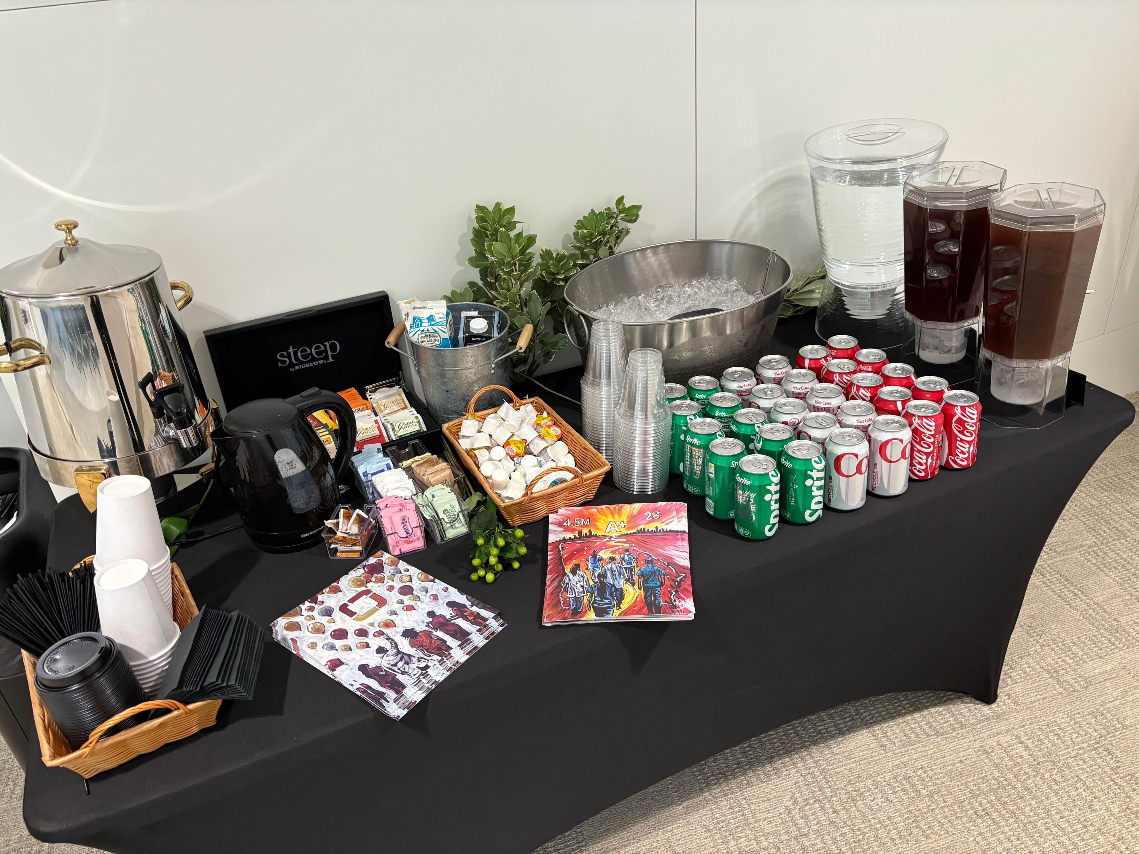 Coffee, tea, water, and soft drink refreshment station for a corporate event