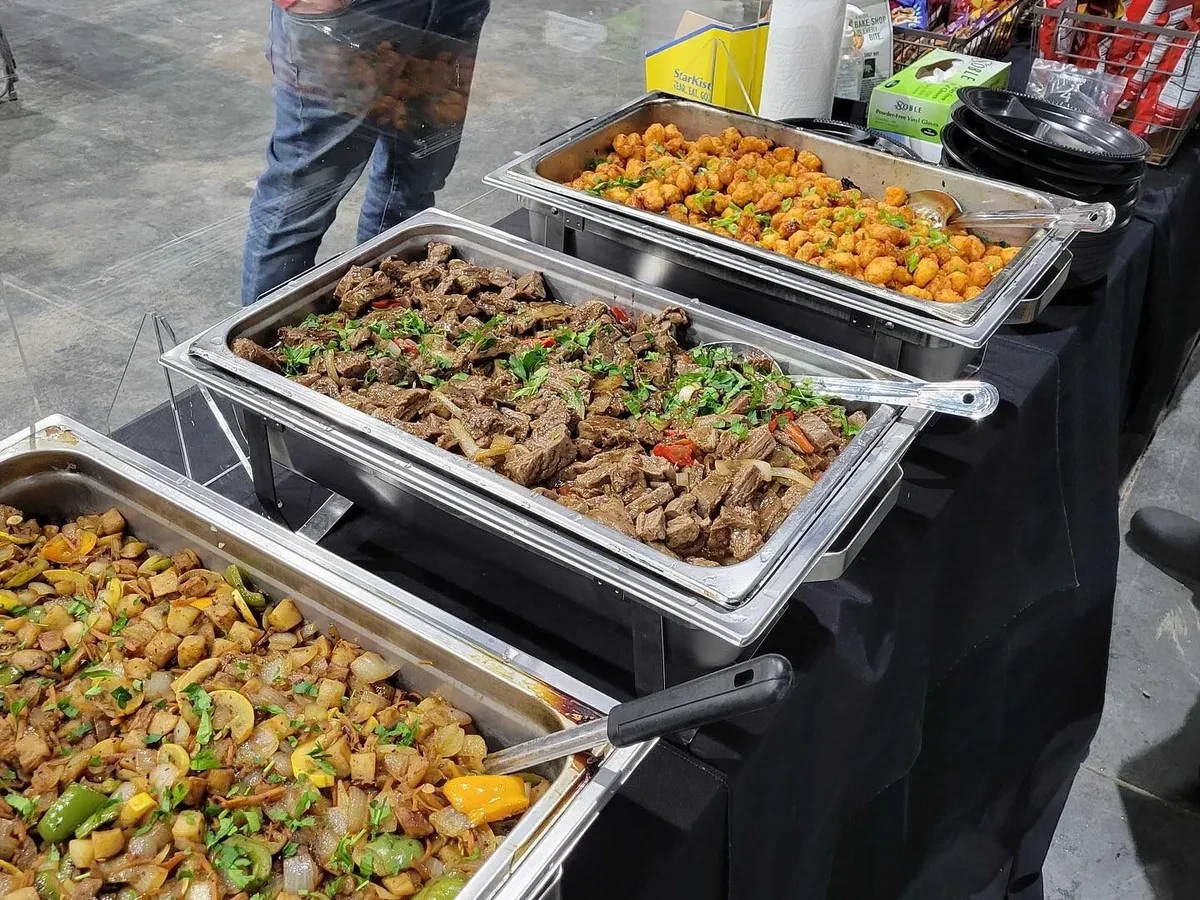 Catering trays with hot food on a film set