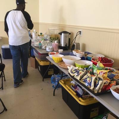 Craft service setup on an Atlanta film set with full snack display